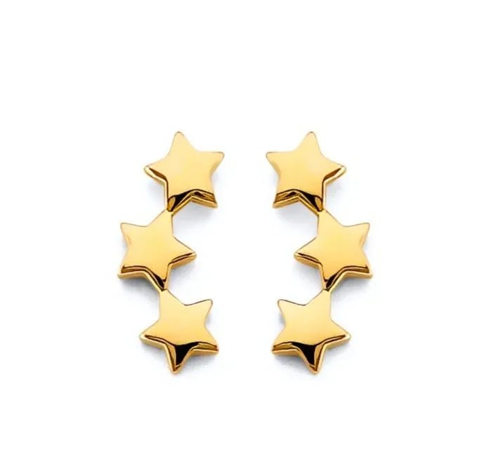 NEW 14K YELLOW GOLD 3 STAR PUSH BACK EARRINGS: NEW 14K YELLOW GOLD 3 STAR PUSH BACK EARRINGS 3 STAR PUSH BACK EARRINGS NEW 14K YELLOW GOLD HEIGHT - 15 mm WIDTH - 5 mm Apx WEIGHT - 1 g