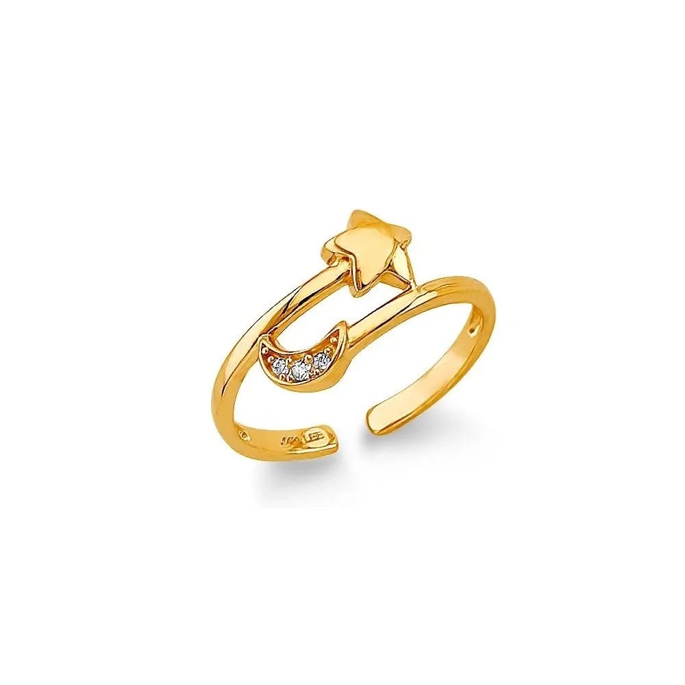 NEW 14K YELLOW GOLD STAR & MOON TOE RING: NEW 14K YELLOW GOLD STAR & MOON TOE RING STAR & MOON TOE RING NEW 14K YELLOW GOLD WIDTH : WEIGHT : 1.4g