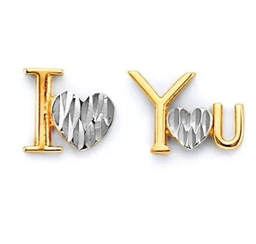 NEW 14K TWO TONE GOLD I LOVE YOU PUSH BACK EARRINGS: NEW 14K TWO TONE GOLD I LOVE YOU PUSH BACK EARRINGS I LOVE YOU PUSH BACK EARRINGS NEW 14K TWO TONE GOLD Height : 7 mm Width : 8 mm Weight : 1g