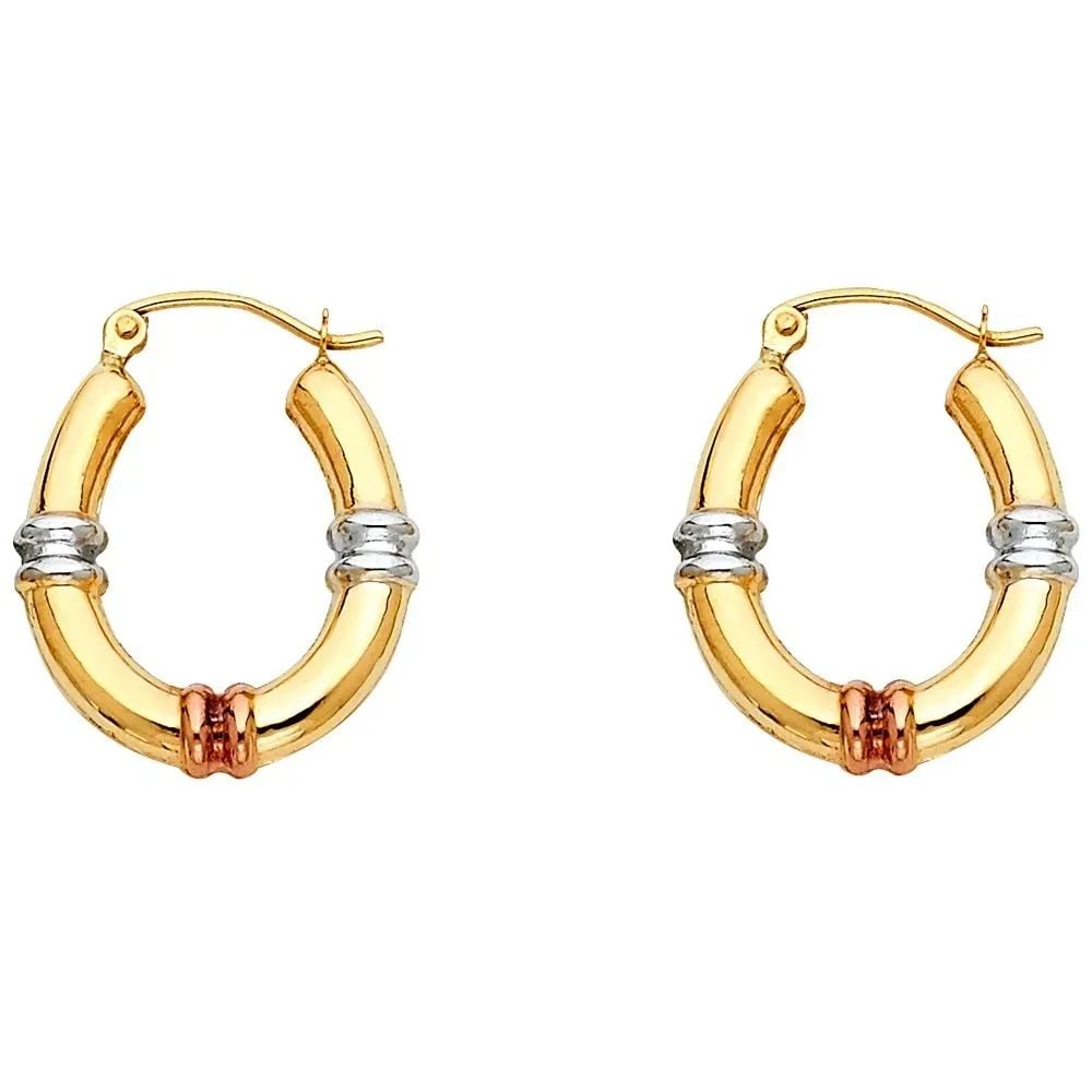 NEW 14K TRI COLOR GOLD FANCY HOLLOW HOOP EARRINGS: NEW 14K TRI COLOR GOLD FANCY HOLLOW HOOP EARRINGS FANCY HOLLOW HOOP EARRINGS NEW 14K TRI COLOR GOLD HEIGHT - 21 mm WIDTH - 18 mm Apx WEIGHT - 1 g