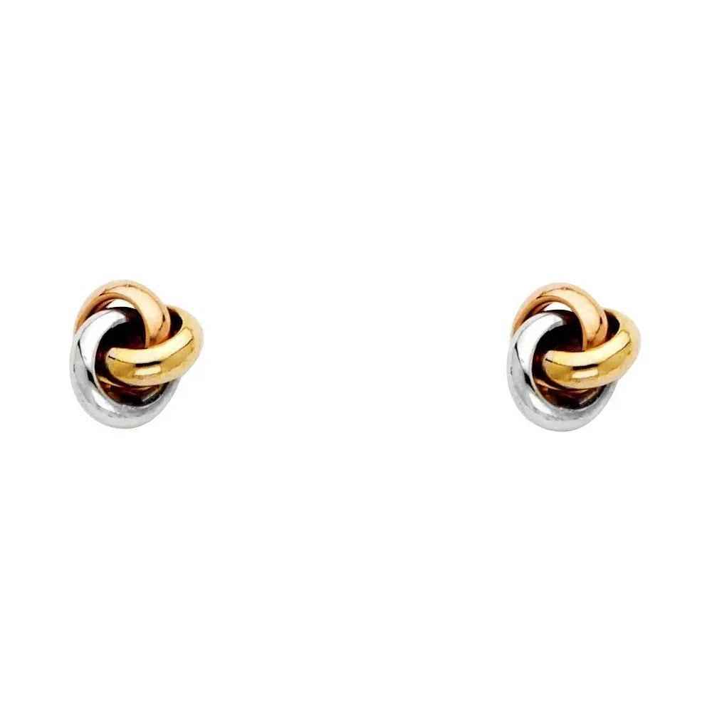 NEW 14K TRI COLOR GOLD LOVE KNOT EARRINGS: NEW 14K TRI COLOR GOLD LOVE KNOT EARRINGS LOVE KNOT EARRINGS NEW 14K TRI COLOR GOLD Height : 6 mm Width : 6 mm Weight : 1g