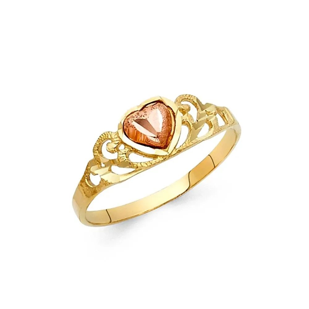NEW 14K TWO TONE GOLD FANCY HEART RING - SIZE 7: NEW 14K TWO TONE GOLD FANCY HEART RING FANCY HEART RING NEW 14K TWO TONE GOLD WIDTH : 6 mm WEIGHT : 1.3g