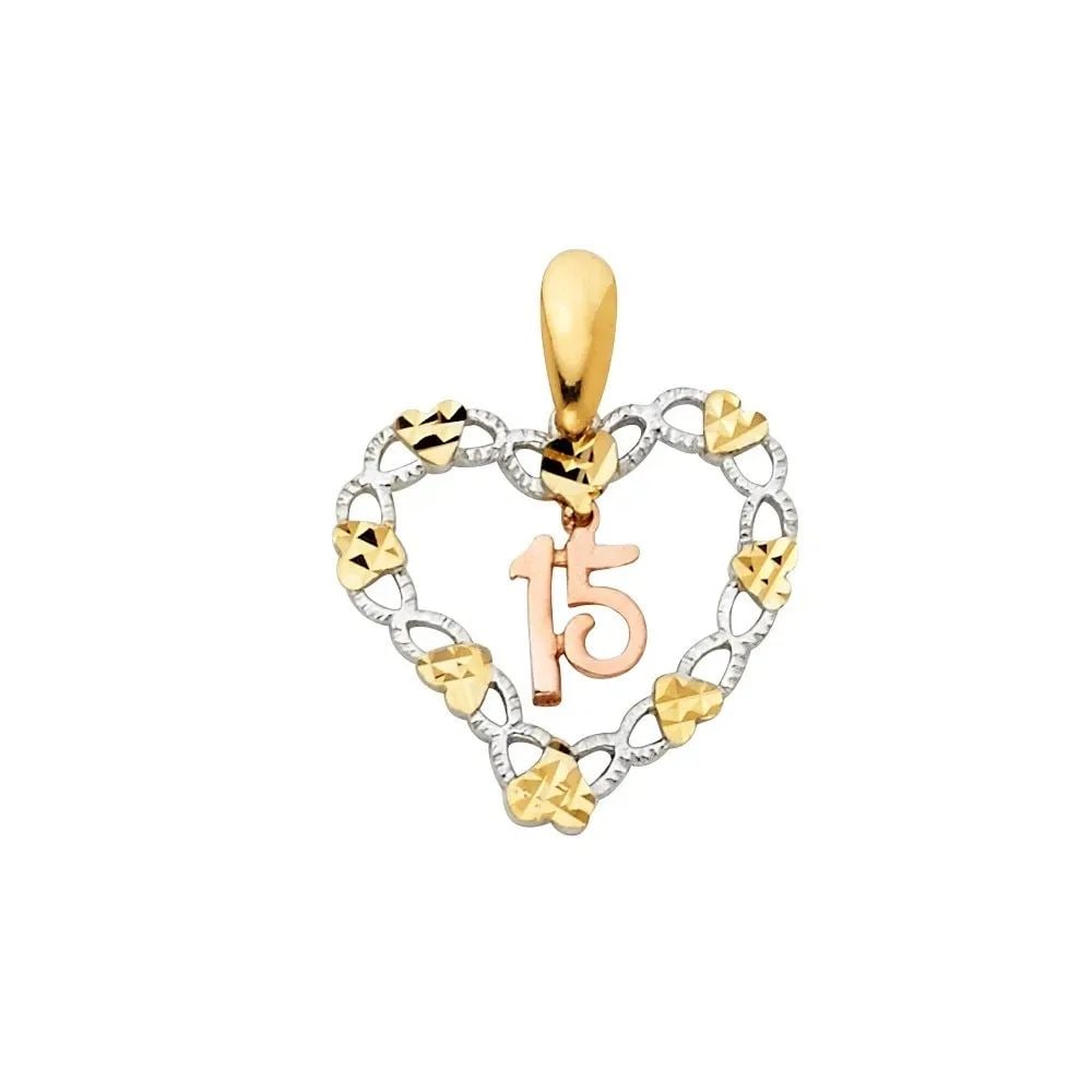 NEW 14K TRI COLOR GOLD 15 YEARS HEART PENDANT: NEW 14K TRI COLOR GOLD 15 YEARS HEART PENDANT 15 YEARS HEART PENDANT NEW 14K TRI COLOR GOLD Height : 15 mm Width : 18 mm Apx. WEIGHT : 1g