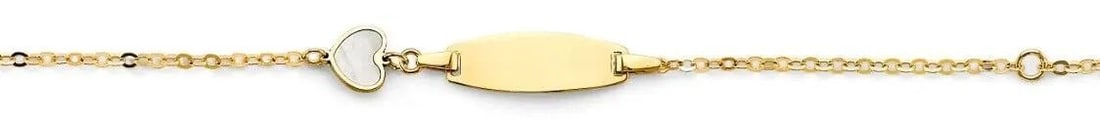 NEW 14K YELLOW GOLD MOTHER OF PEARL HEART BABY ID BRACELET: NEW 14K YELLOW GOLD MOTHER OF PEARL HEART BABY ID BRACELET MOTHER OF PEARL HEART BABY ID BRACELET NEW 14K YELLOW GOLD LENGTH - 5+1in Apx WEIGHT - 1.3g