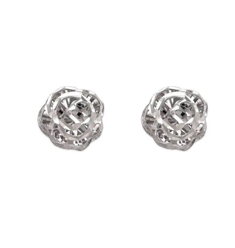 NEW 14K WHITE GOLD DIAMOND CUT FLOWER STUD EARRINGS: NEW 14K WHITE GOLD DIAMOND CUT FLOWER STUD EARRINGS DIAMOND CUT FLOWER STUD EARRINGS NEW 14K WHITE GOLD Width: Approx. 9mm Apx WEIGHT: 1.3g