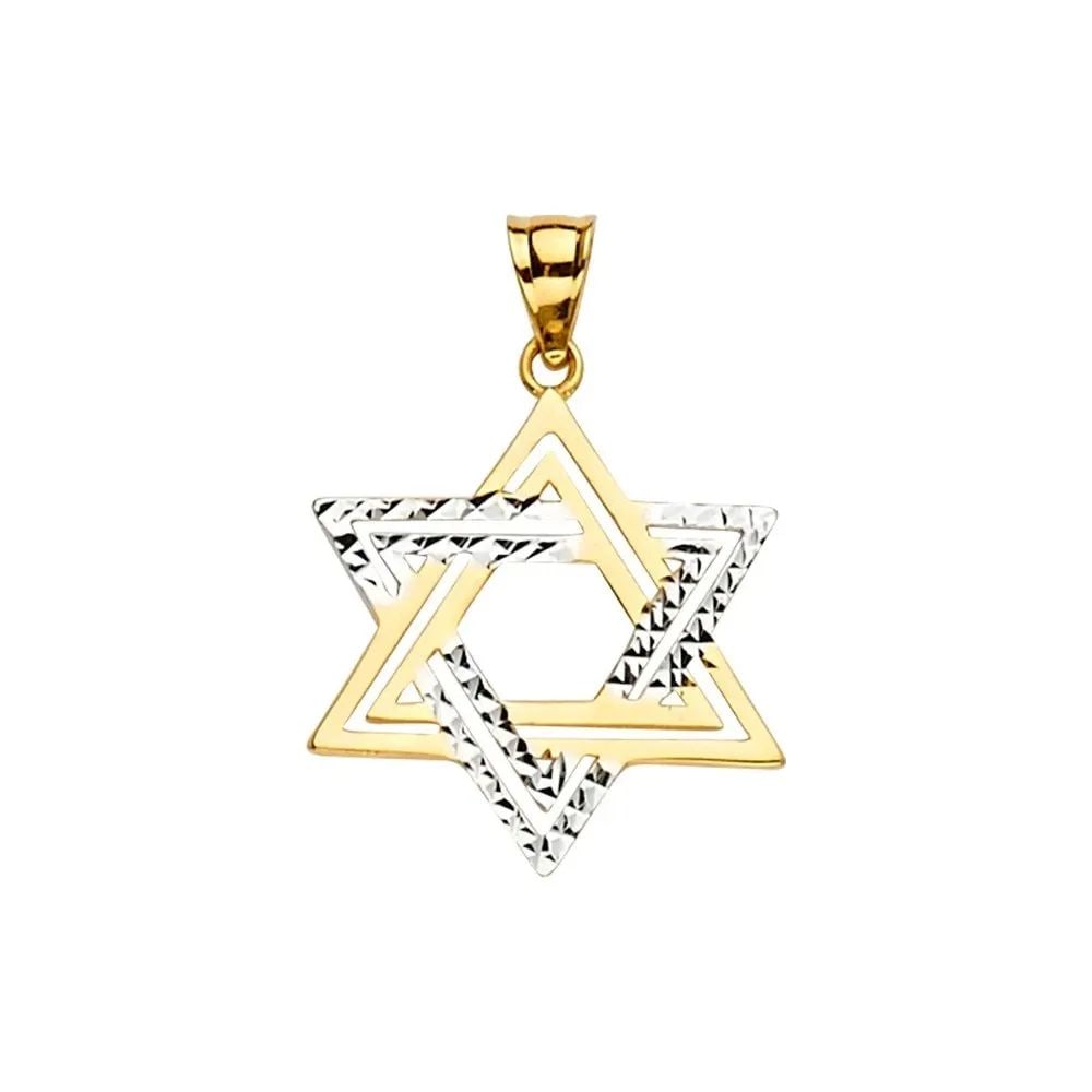 NEW 14K TWO TONE GOLD STAR OF DAVID PENDANT: NEW 14K TWO TONE GOLD STAR OF DAVID PENDANT STAR OF DAVID PENDANT NEW 14K TWO TONE GOLD Height : 26 mm Width : 17 mm Apx. WEIGHT : 1g