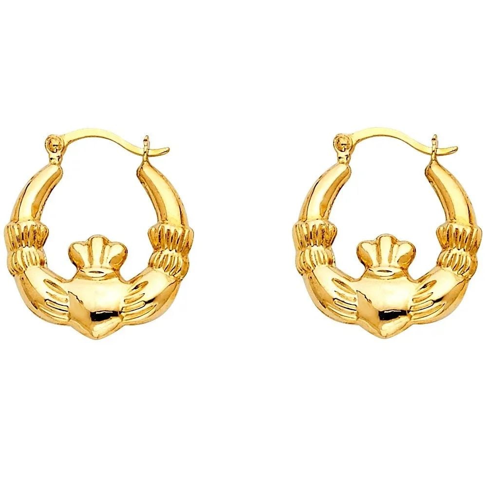 NEW 14K YELLOW GOLD CLADDAGH HOLLOW HOOP EARRINGS: NEW 14K YELLOW GOLD CLADDAGH HOLLOW HOOP EARRINGS CLADDAGH HOLLOW HOOP EARRINGS NEW 14K YELLOW GOLD HEIGHT - 15 mm WIDTH - 15 mm Apx WEIGHT - 0.8 g