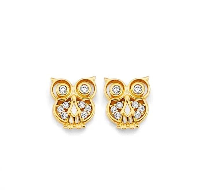 NEW 14K YELLOW GOLD OWL PUSH BACK EARRINGS (1 of 2)