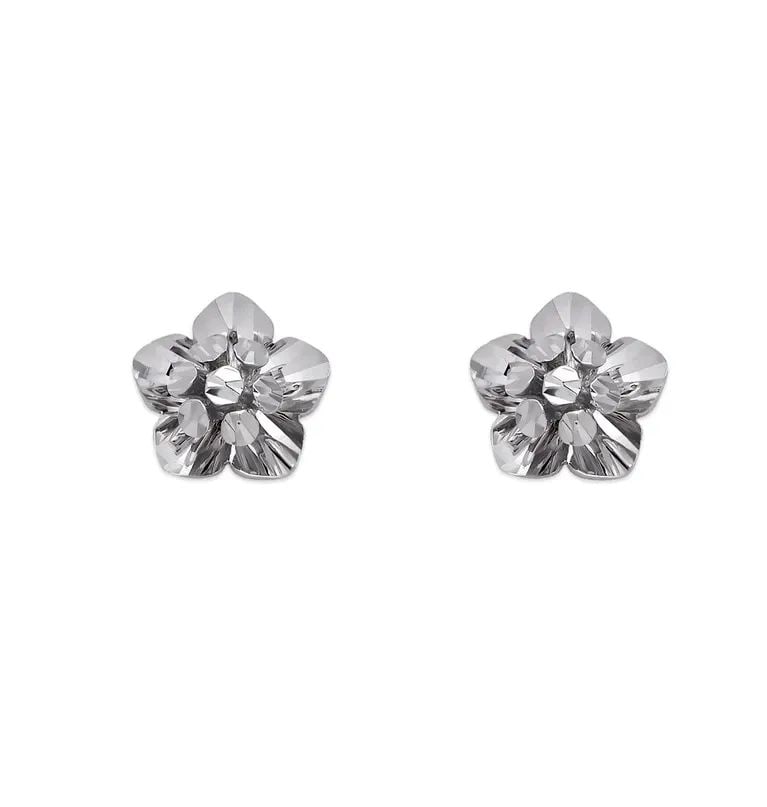 NEW 14K WHITE GOLD DIAMOND CUT FLOWER STUD EARRINGS: NEW 14K WHITE GOLD DIAMOND CUT FLOWER STUD EARRINGS DIAMOND CUT FLOWER STUD EARRINGS NEW 14K WHITE GOLD Width: Approx. 8mm Apx WEIGHT: 1g