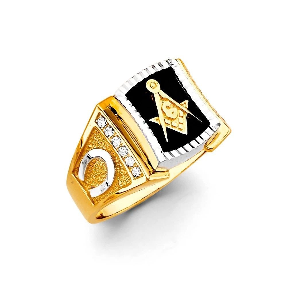 NEW 14K TWO TONE GOLD ONYX MASONIC MEN'S RING - SIZE 10 (1 of 2)