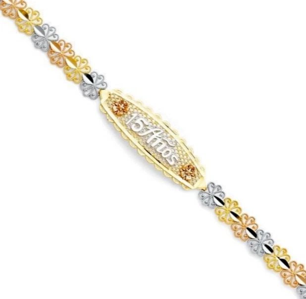NEW 14K TRI COLOR GOLD 15 ANOS YEARS ID BRACELET: NEW 14K TRI COLOR GOLD 15 YEARS ID BRACELET 15 YEARS ID BRACELET NEW 14K TRI COLOR GOLD LENGTH - 7.25in Apx WEIGHT - 8g