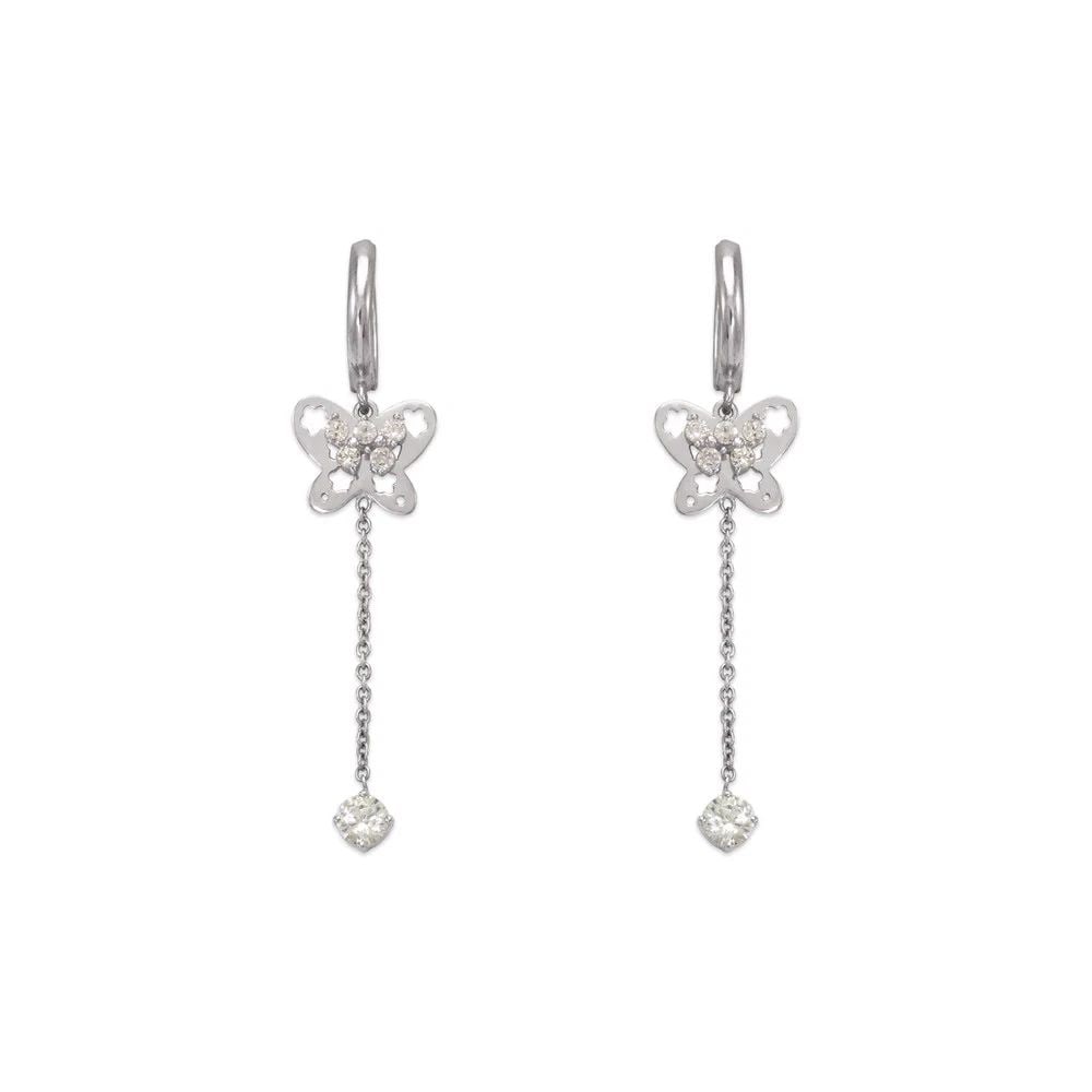NEW 14K WHITE GOLD FANCY BUTTERFLY DANGLING EARRINGS: NEW 14K WHITE GOLD FANCY BUTTERFLY DANGLING EARRINGS FANCY BUTTERFLY DANGLING EARRINGS NEW 14K WHITE GOLD Width: Approx. 12x45mm Apx WEIGHT: 2.4g