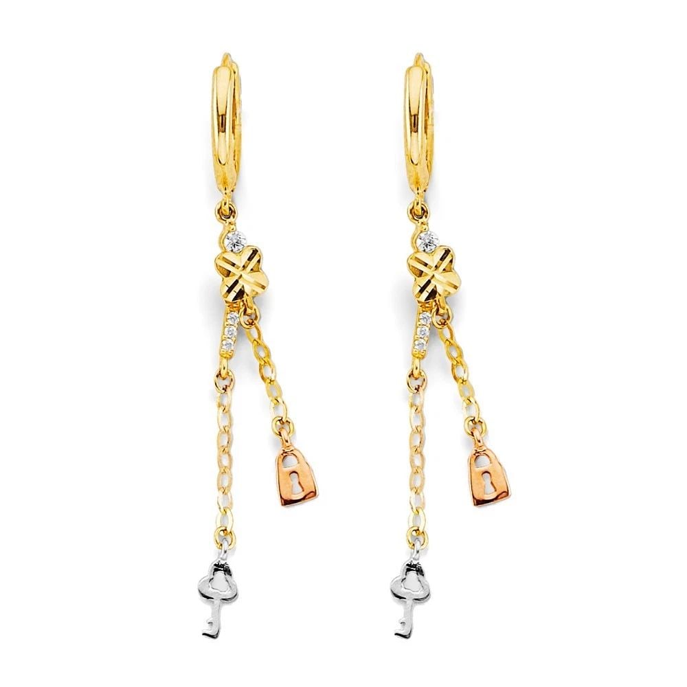 NEW 14K TRI COLOR GOLD HANGING LOCK & KEY EARRINGS: NEW 14K TRI COLOR GOLD HANGING LOCK & KEY EARRINGS HANGING LOCK & KEY EARRINGS NEW 14K TRI COLOR GOLD HEIGHT - 45 mm WIDTH - 7 mm Apx WEIGHT - 1.8 g