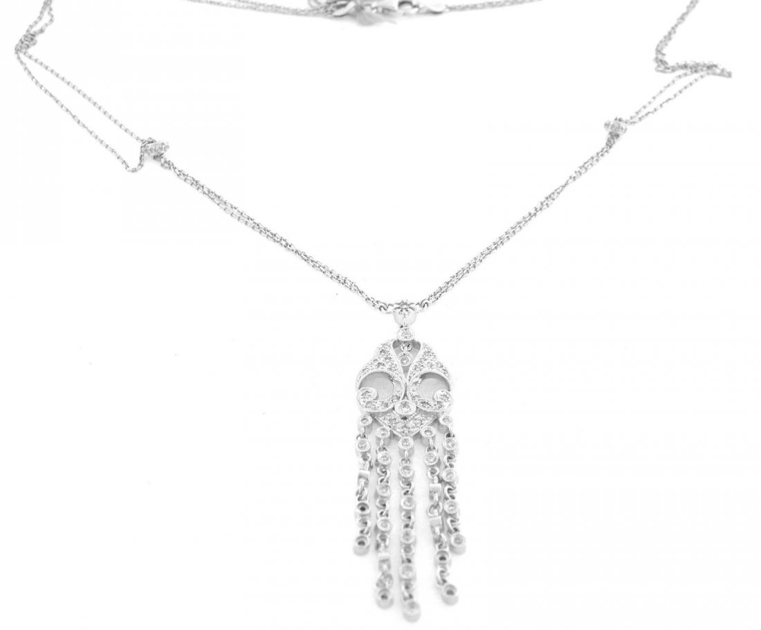 NEW 18K WHITE GOLD DIAMOND CHANDELIER NECKLACE: Necklace Pendant, with diamonds on chainConditionNewMaterial18k White goldStonesDiamonds H SI1Stone Weight0.50tcw apxSize16" - Pendant hangs 2"Weight9.8g