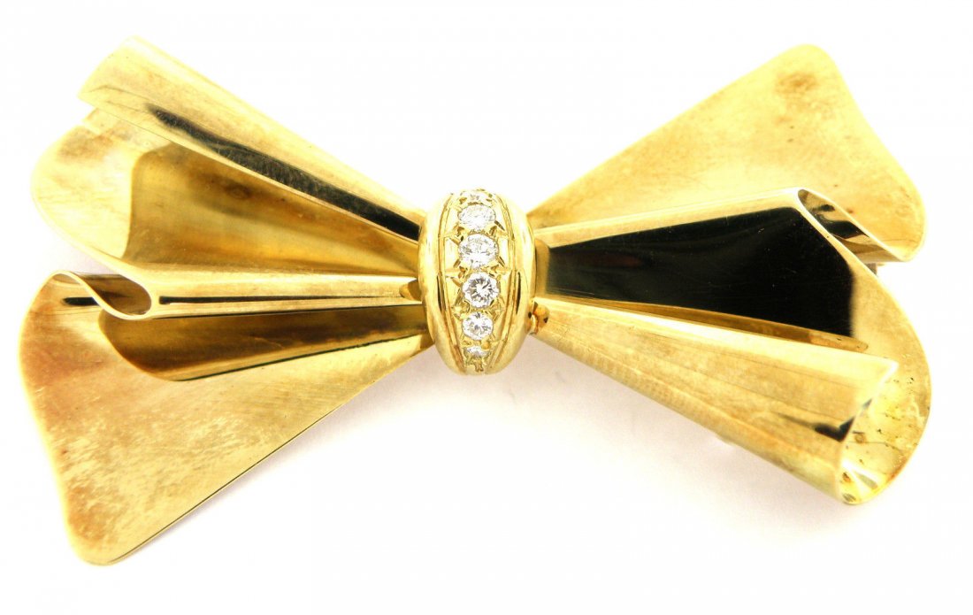 VINTAGE ESTATE 14K YELLOW GOLD DIAMOND BOW BROOCH PIN (1 of 2)