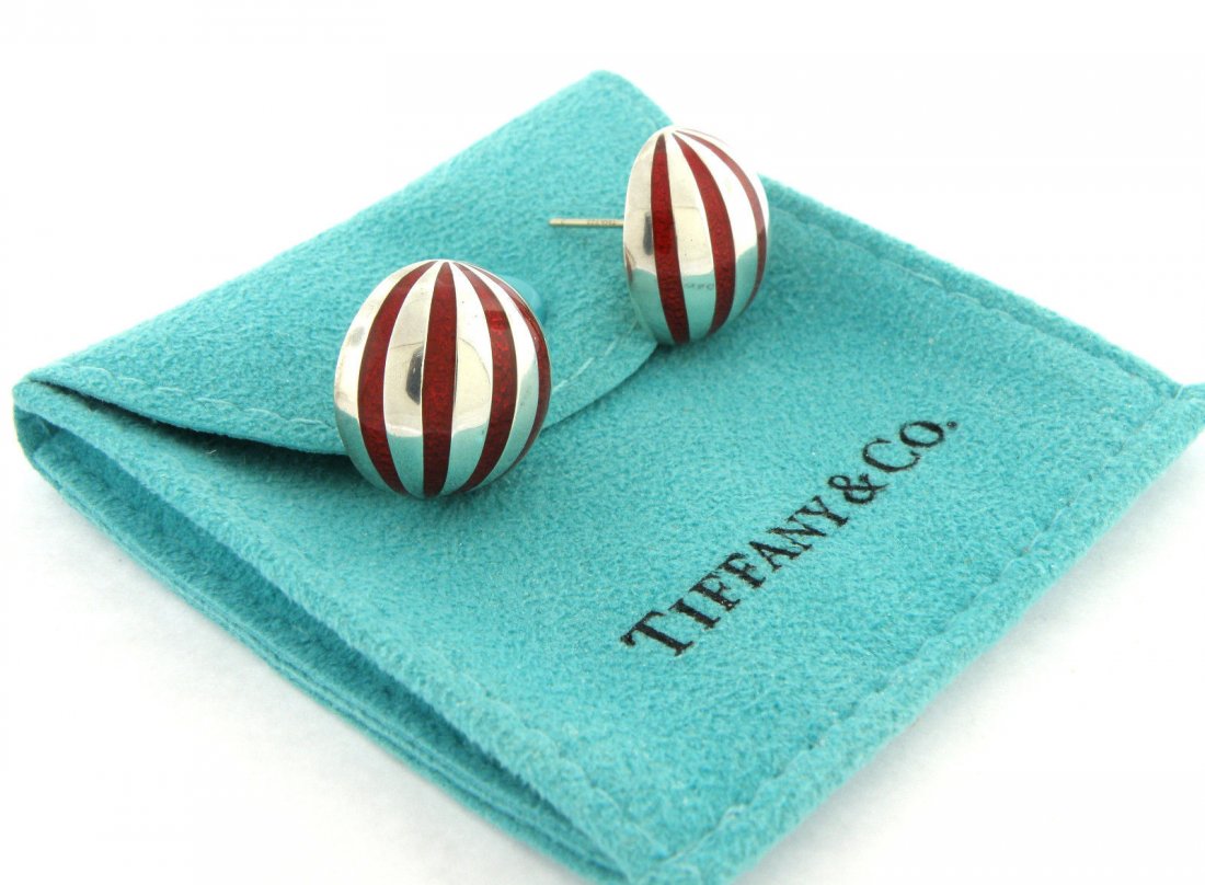 TIFFANY & Co. STERLING SILVER RED ENAMEL DOME EARRINGS (1 of 3)