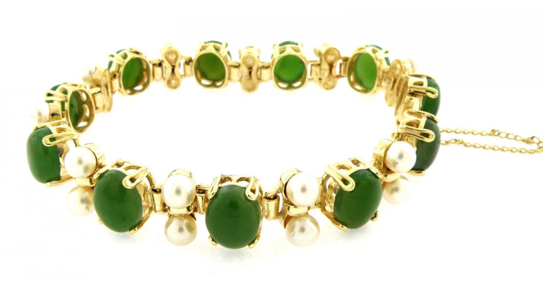 VINTAGE 14K YELLOW GOLD JADE PEARL LINK BRACELET 40ct (1 of 2)