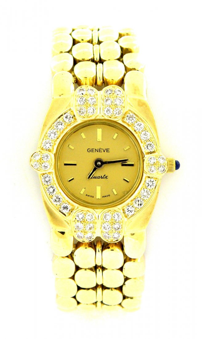 GENEVE 18K YELLOW GOLD LADIES DIAMOND WATCH: Geneve Ladies WatchConditionPre-owned, In excellent conditionMaterial18k Yellow goldStonesDiamonds H SIStone Weight1ctSize7" Wrist, 22.5mm face without crownWeight80g