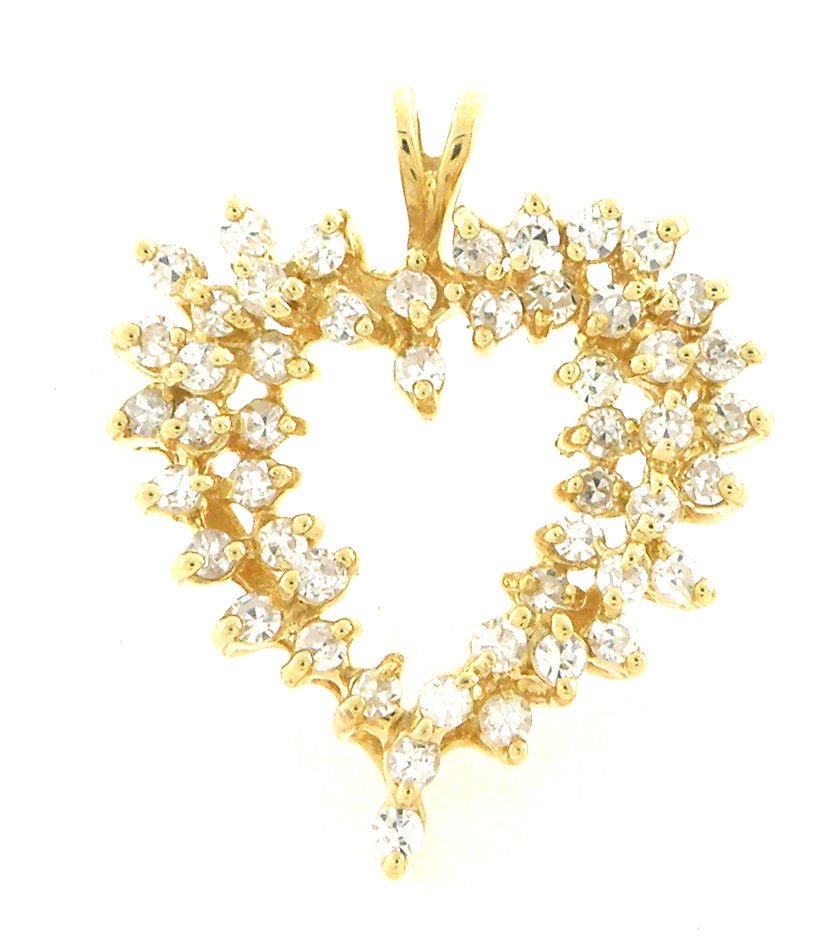 VINTAGE 14K YELLOW GOLD LADIES DIAMOND HEART PENDANT: Diamond Heart PendantConditionVintage, pre-owned in excellent conditionMaterial14k Yellow goldStonesold single cut Diamonds H SI1Stone Weight1ct twSize0.95" H x 0.77" WWeight3.4g