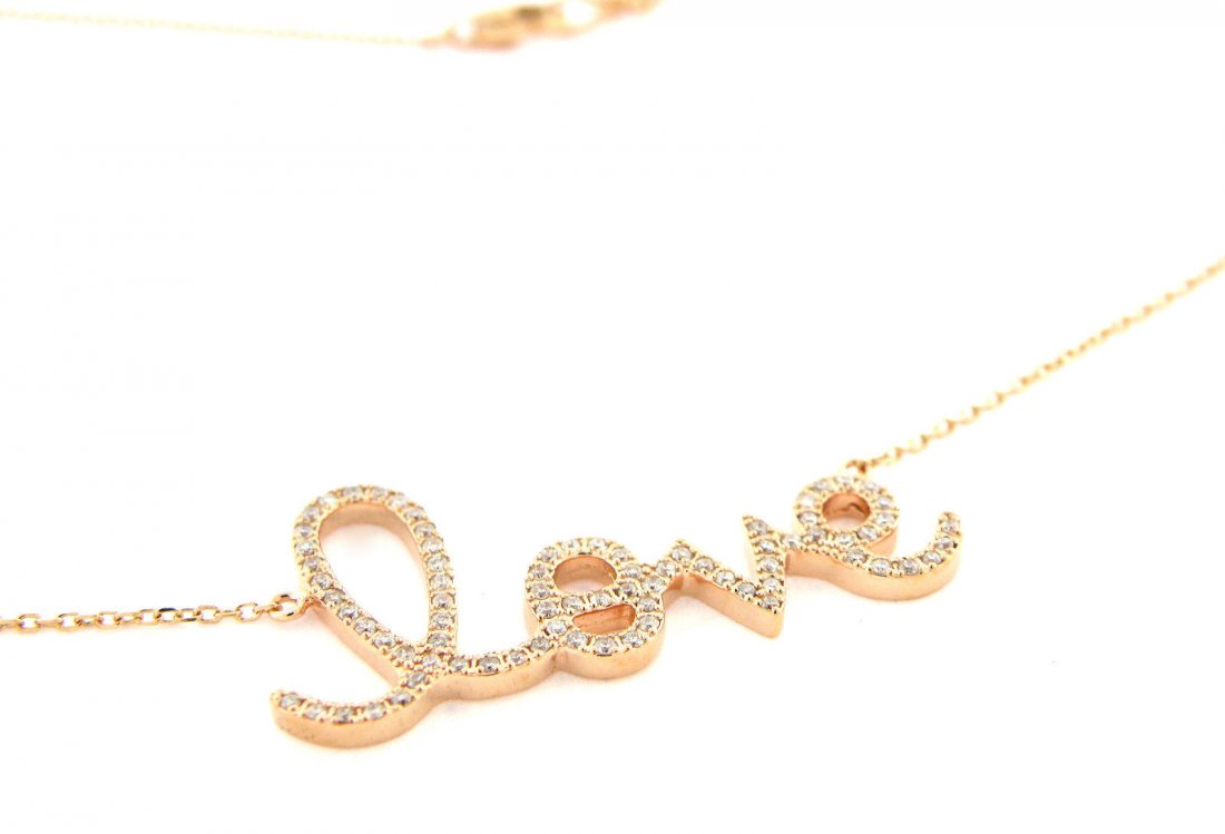 NEW 14K ROSE GOLD DIAMOND LOVE SCRIPT NECKLACE: Love NecklaceCondition NewMaterial 14K Rose goldStones Diamonds H SI1Stone Weight 0.50tcw Size 16" Long Weight 4.4g