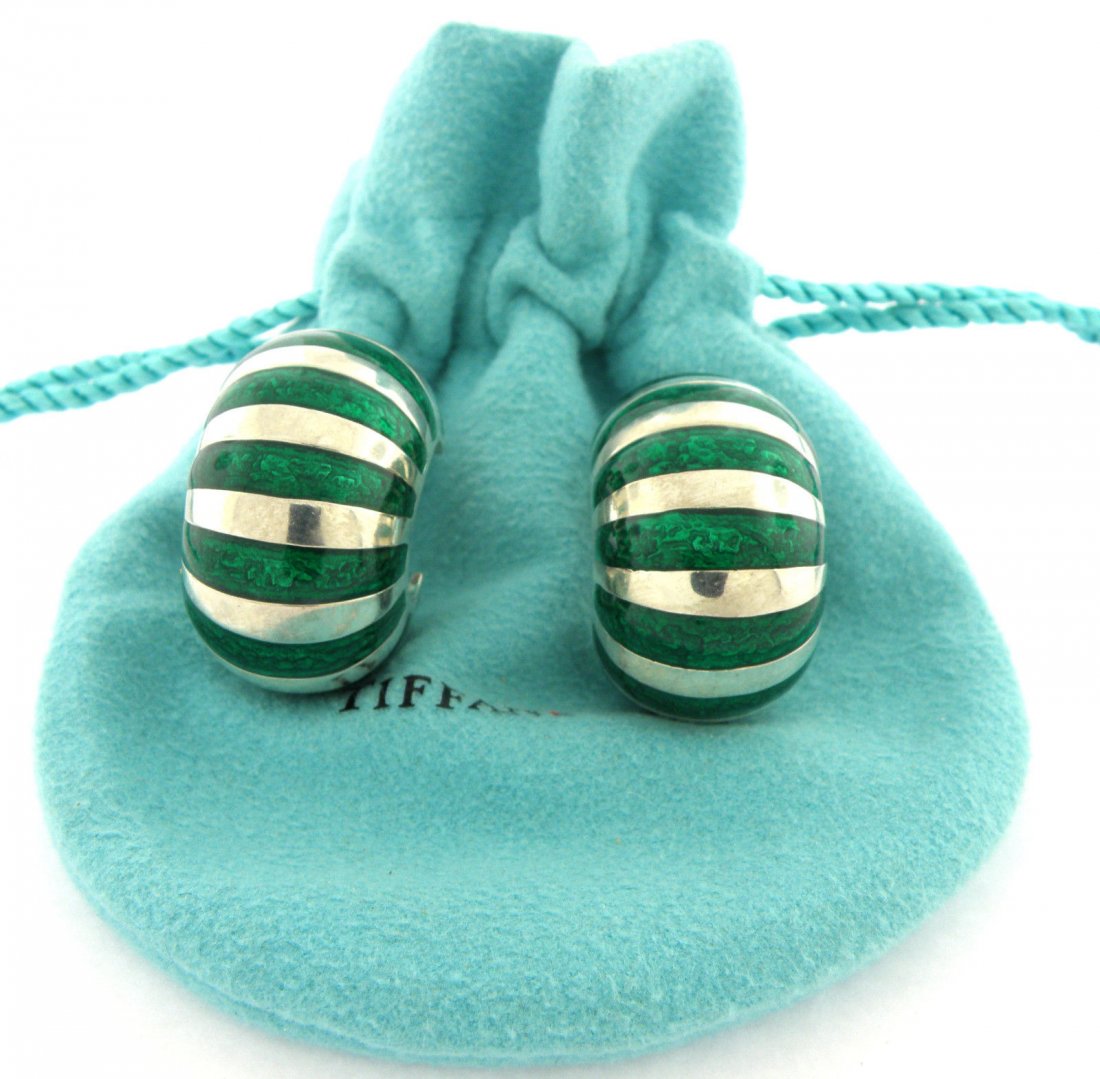 TIFFANY & Co. STERLING GREEN ENAMEL CLIP ON EARRINGS (1 of 2)
