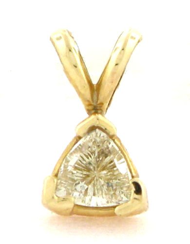 14K YELLOW GOLD FANCY LIGHT YELLOW DIAMOND PENDANT: Trillion PendantConditionNewMaterial14k Yellow goldStonesLight Yellow Trillion Diamond SI1Stone Weightapx 0.40 ct tw Size0.44" H x 0.25" WWeight0.7g