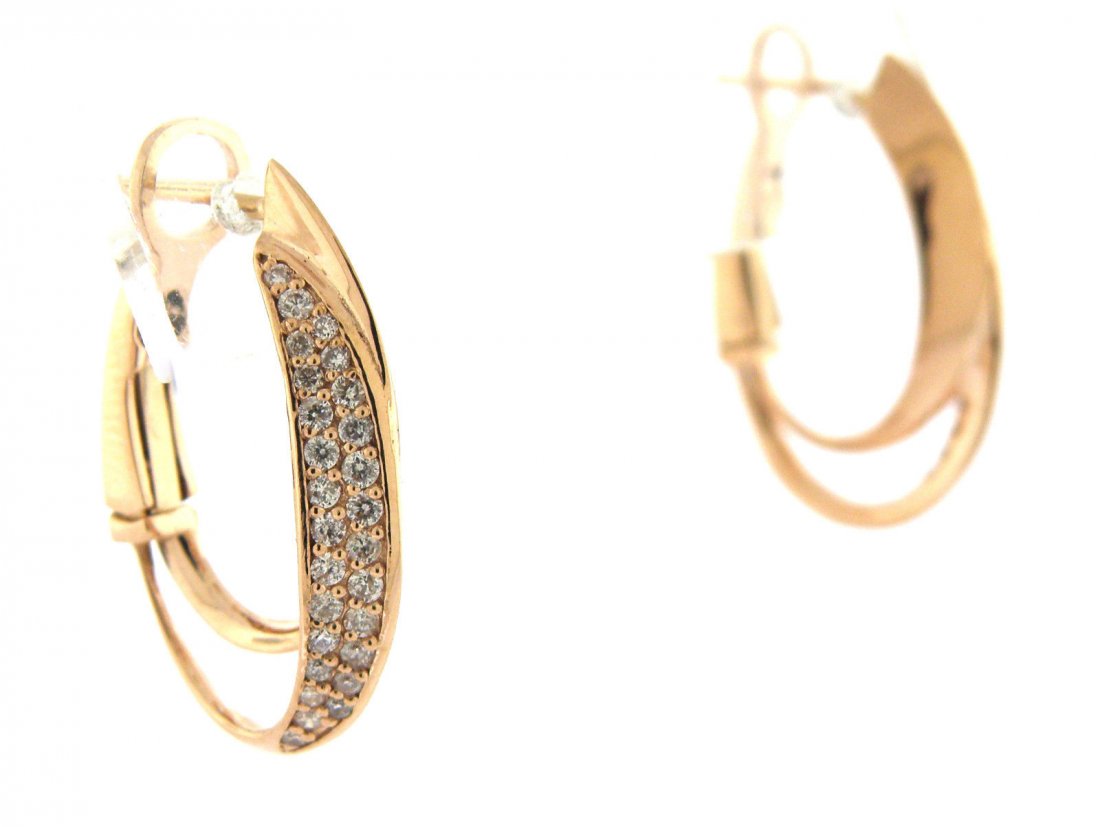 NEW 14K ROSE GOLD DIAMOND HOOPS EARRINGS 0.50ct: ItemDiamond Hoop EarringsConditionNewMaterial 14k Rose goldStones Diamonds H SI1Stone Weight 0.50ct twSize 1.18" H x 0.57" WWeight 5.1g