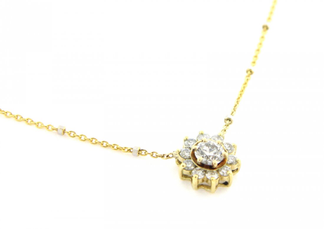 14K YELLOW GOLD DIAMOND FLOWER CLUSTER NECKLACE: Cluster NecklaceCondition NewMaterial 14K Yellow goldStones Diamonds H SI1Stone Weight 0.50tcw Size 16" Long Weight 2.4g
