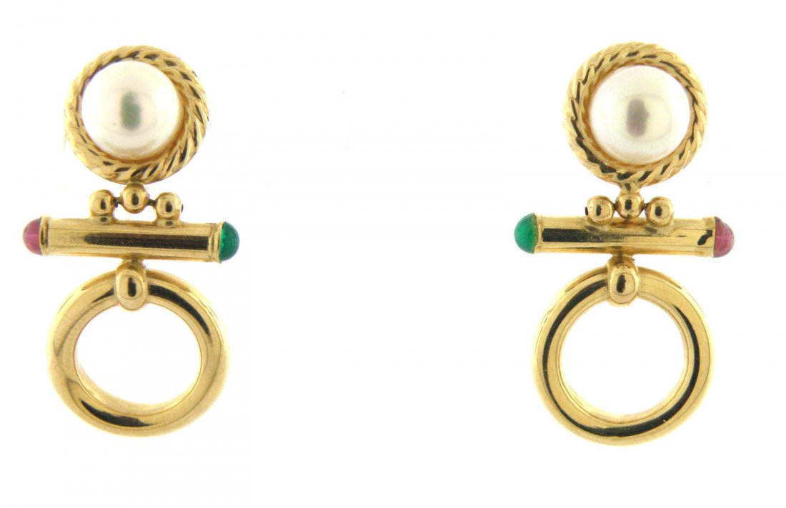 ART DECO 14K YELLOW GOLD TOURMALINE & PEARL EARRINGS (1 of 2)