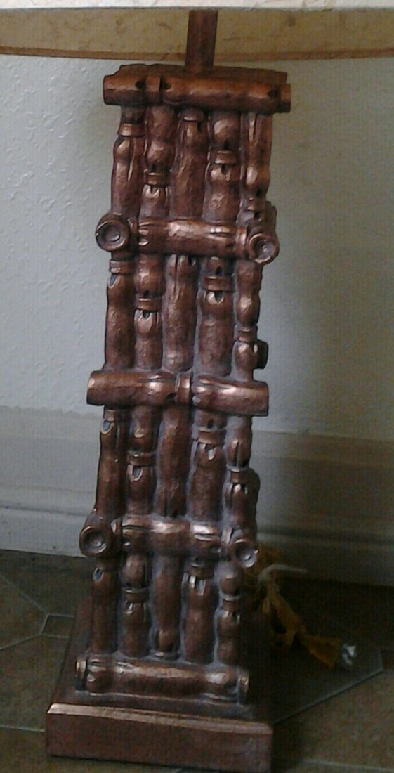 Mid Century Frederick Cooper Lamp: Mid Century Frederick Cooper log lamp with a Chinese bamboo shade.