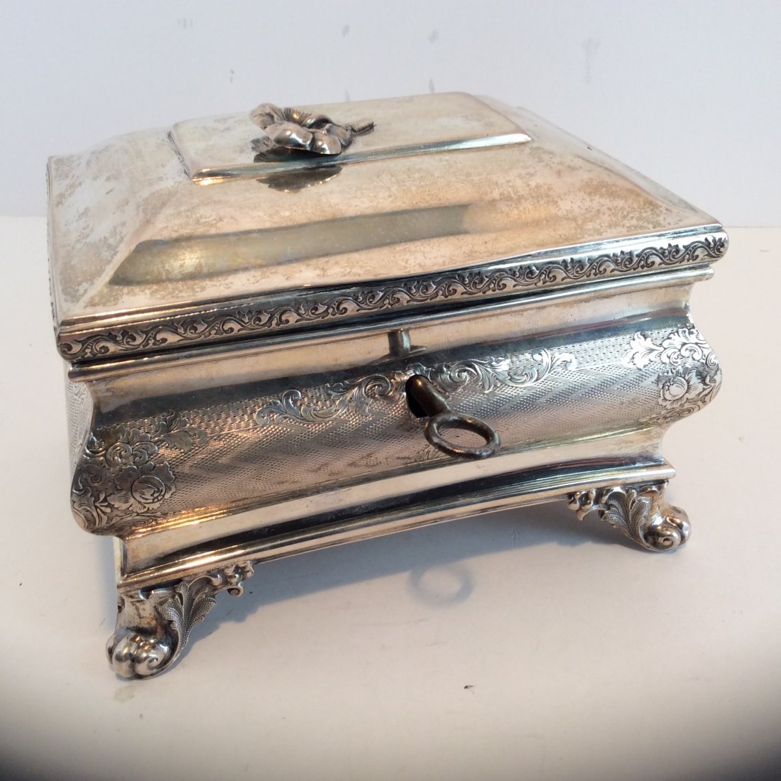 Fine antique sterling silver jewish etrog - citron box: Very nice Sterling silver jewerly _ jewish etrog - citron box very fine ingraveing beautiful silver work hallmarked has lock and key its stick but works 235 grams 5 in by 4in by 4in
