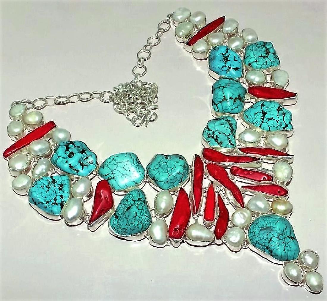 Turquoise & Red Coral & Biwa Pearl Silver Necklace (1 of 1)