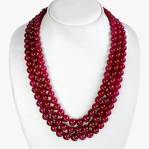 EARTH MINED 3 LINE RICH RED RUBY ROUND BEADS NECKLACE (1 of 1)