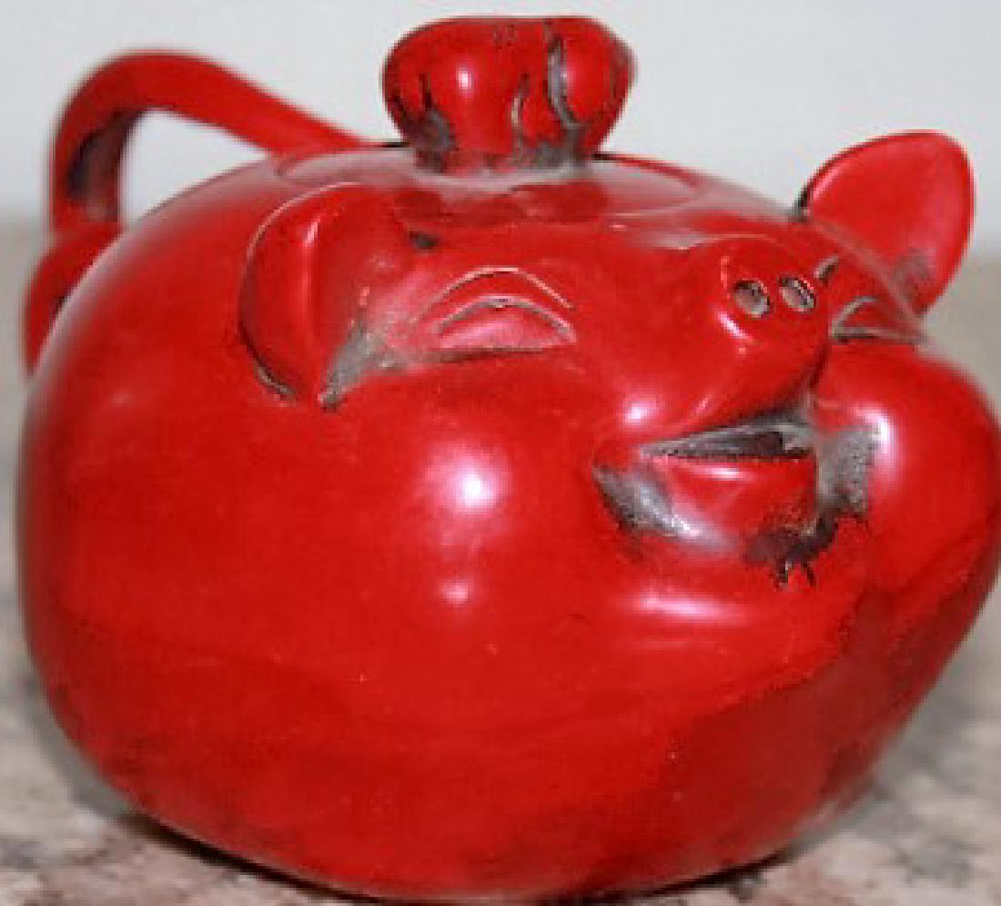 Carved Red Pig Style Teapot: Weighs 310 grams. LXWXH: 130mm, 85mm, 75mm