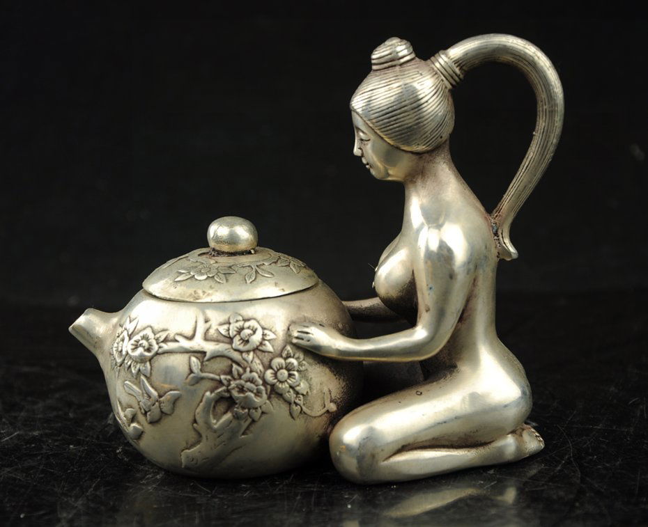 Old Tibet Silver Naked Statue Flower  Noble Teapot (1 of 3)