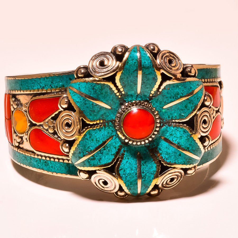 Flower Design Turquoise & Red Coral, Lapis Lazuli Nepal: Flower Design Turquoise & Red Coral, Lapis Lazuli Nepali Tibetan Cuff