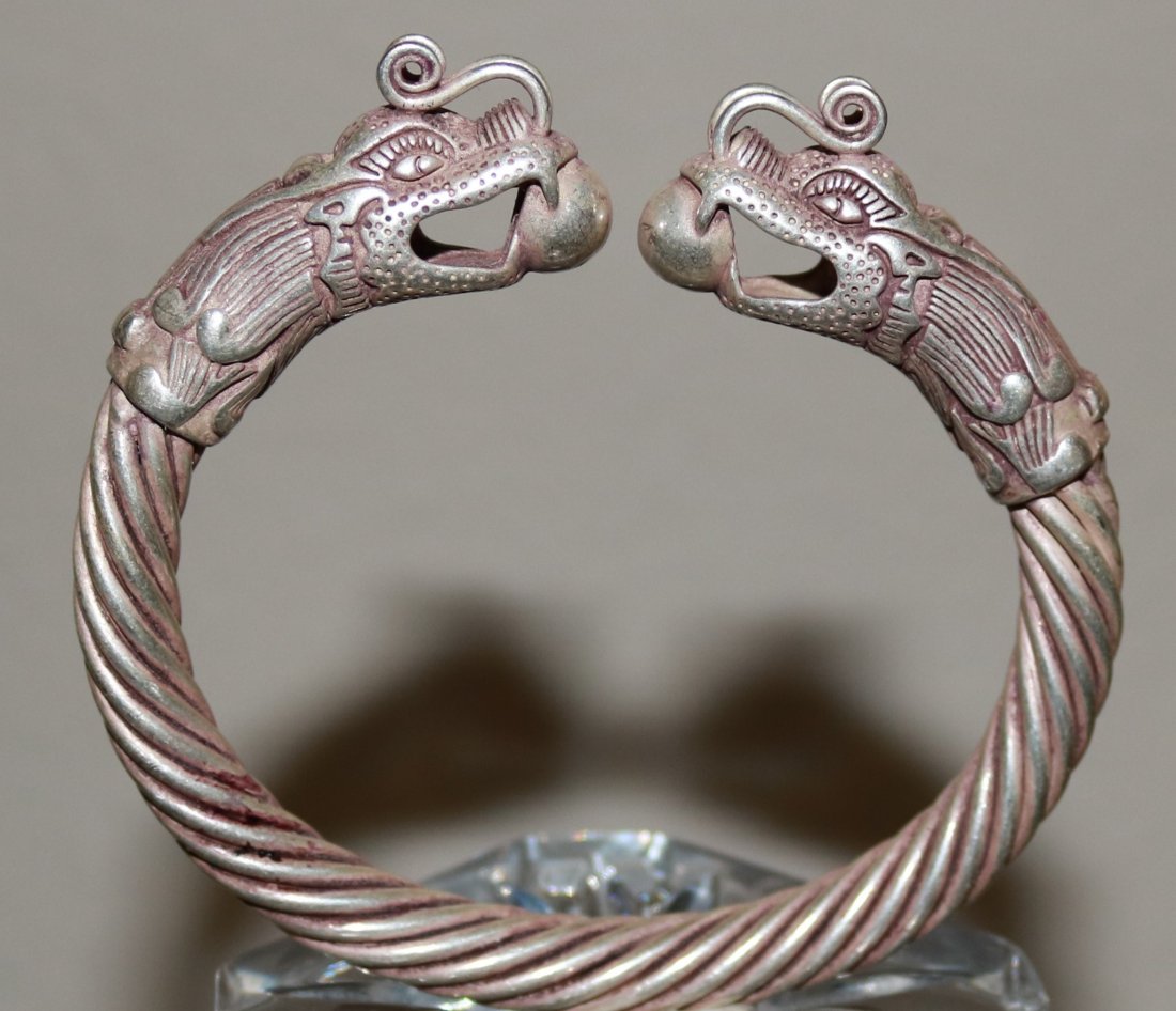 Tibetan Carved Double headed Dragon Silver Bracelet (1 of 3)