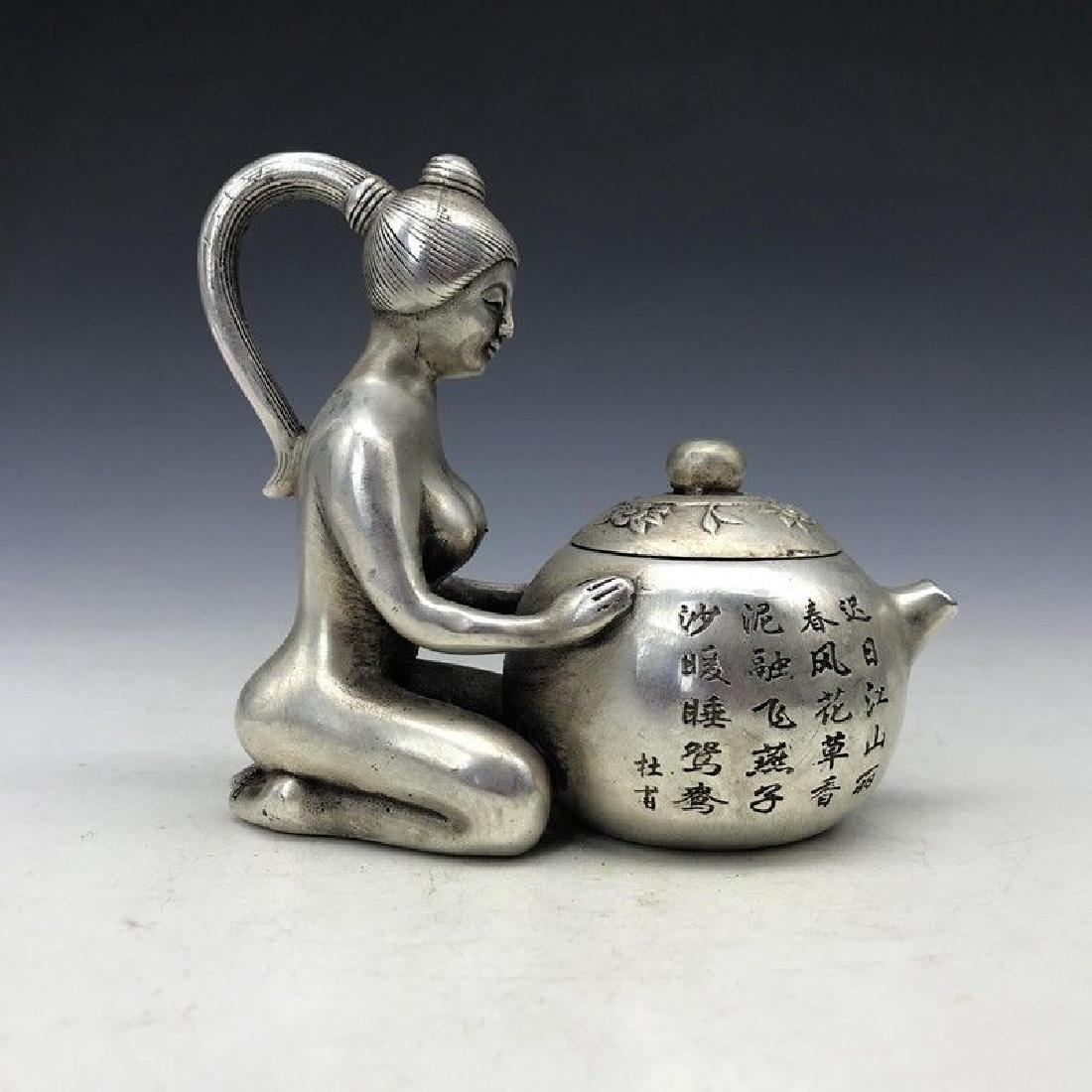 Old Tibet Silver Naked Statue Flower  Noble Teapot (1 of 5)