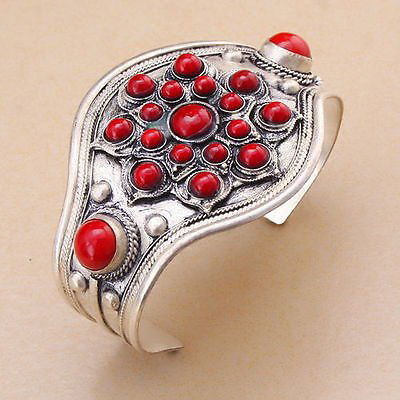 Red Bead Cuff Bracelet Bangle Tibet Silver Carved (1 of 1)
