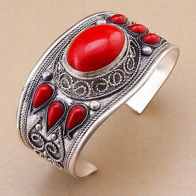 Red Coral Stone Bead Cuff Bracelet Bangle Tibet Silver (1 of 1)
