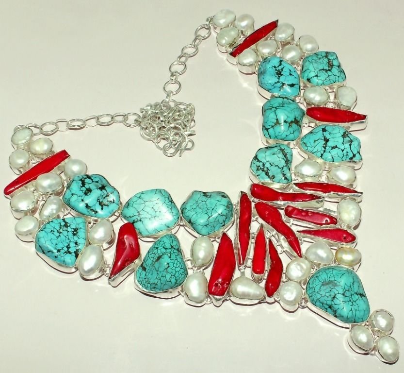 Turquoise & Red Coral & Biwa Pearl Silver Necklace (1 of 1)