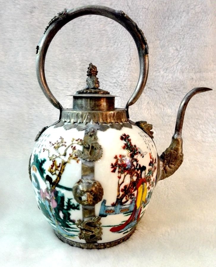 Totem Teapot Tibet Silver Carved White Porcelain: 7.41" in height