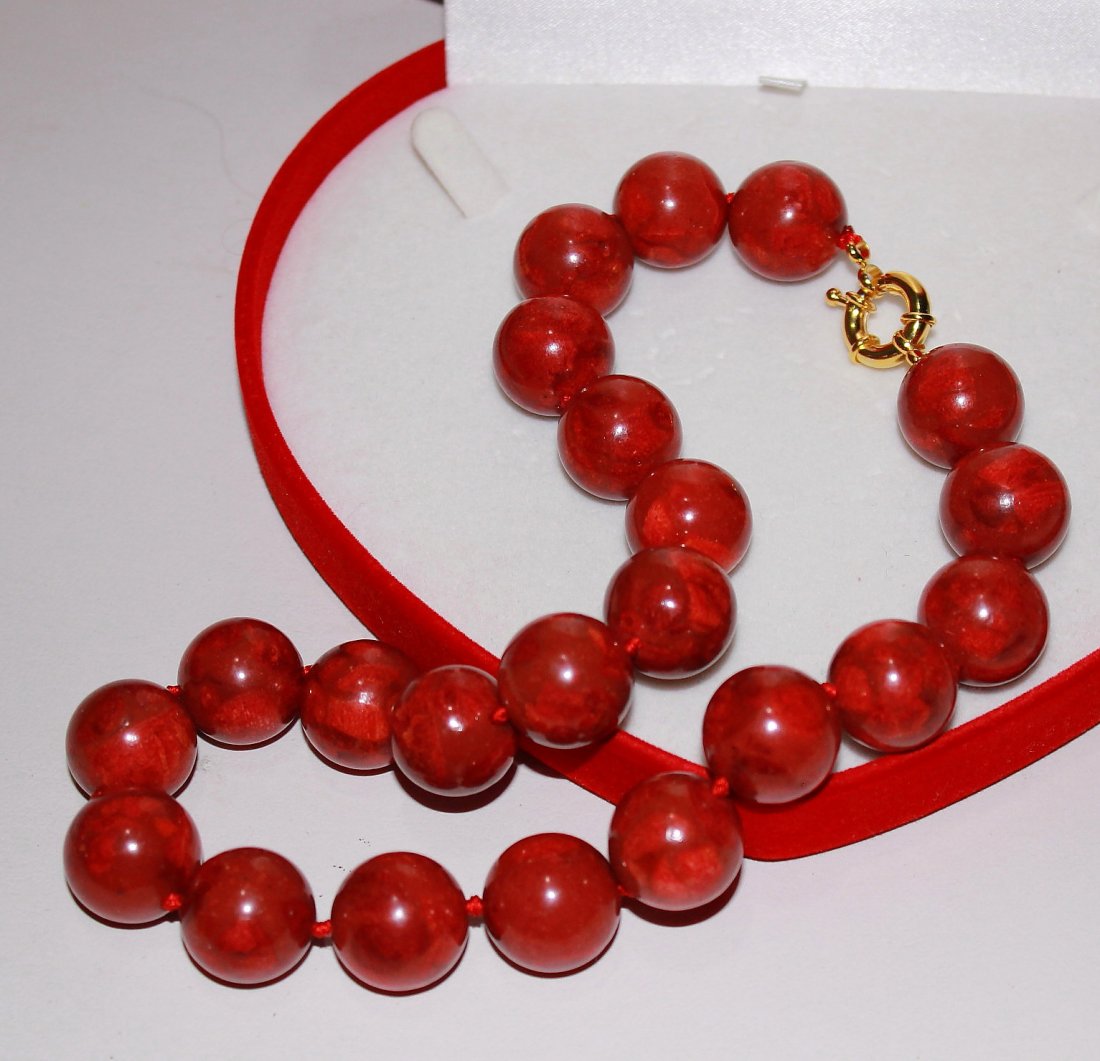 Natural 18mm Red Grass Coral Round Beads Necklace (1 of 1)