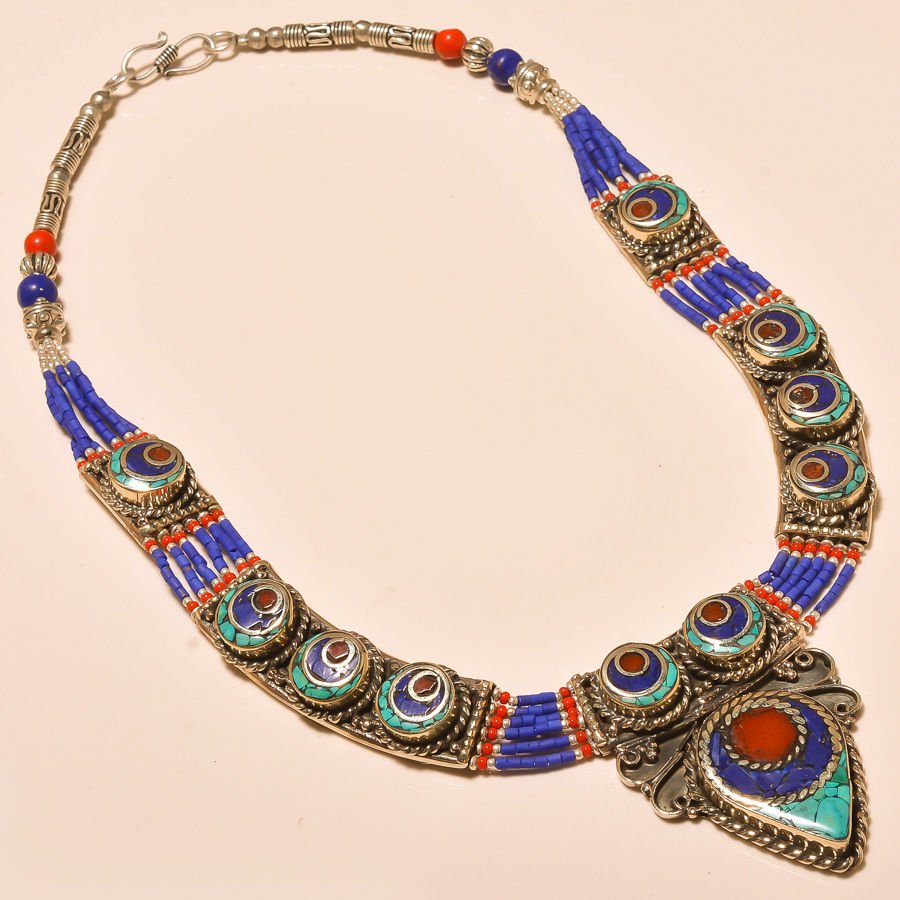 TURQUOISE & RED CORAL WITH LAPIS LAZULI .925 NECKLACE (1 of 1)