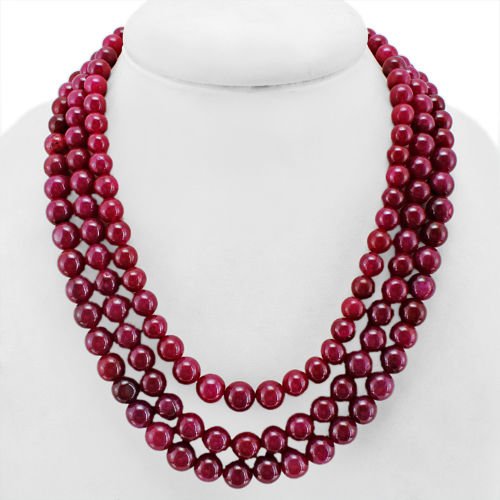 EARTH MINED 3 LINE RED RUBY ROUND BEADS NECKLACE (1 of 1)