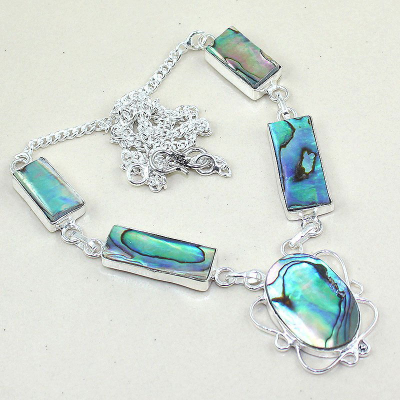 Abalone Shell Silver Necklace: Measures 18" in length. Weighs 22 grams.