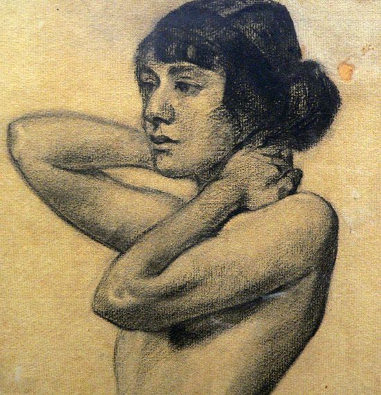 Max Klinger Drawing: DRAWING, by Max Klinger (German, 1857-1920) of a female nude. With circa 1939 German Legation to Portugal adhesive label attached to back. H: 22-1/2" W: 8-3/4".