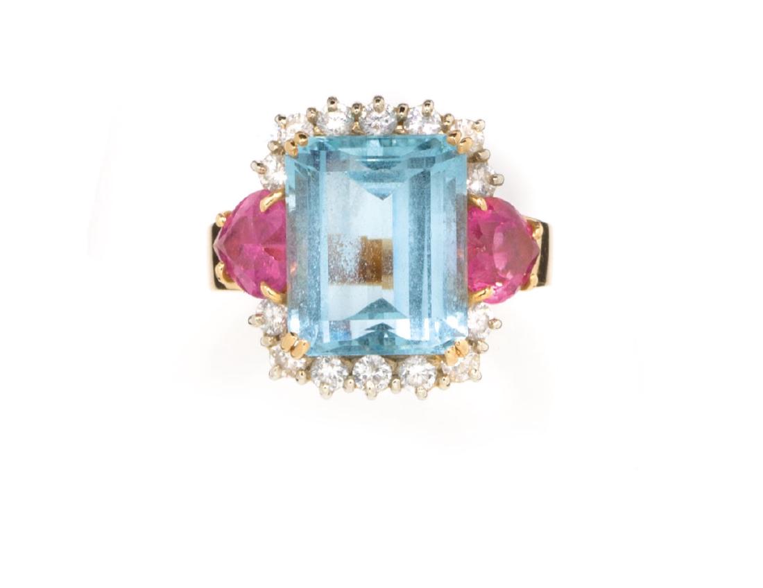 WHITE GOLD, DIAMONDS, PINK CORUNDUM AND AQUAMARINE RING (1 of 1)