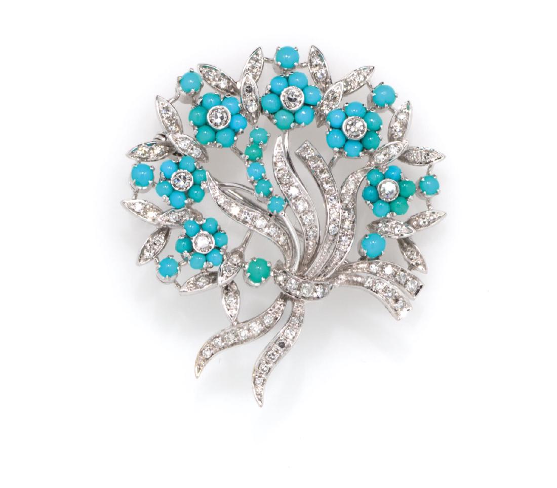 'BOUQUET-SHAPED' WHITE GOLD, DIAMONDS AND TURQUOISES (1 of 1)