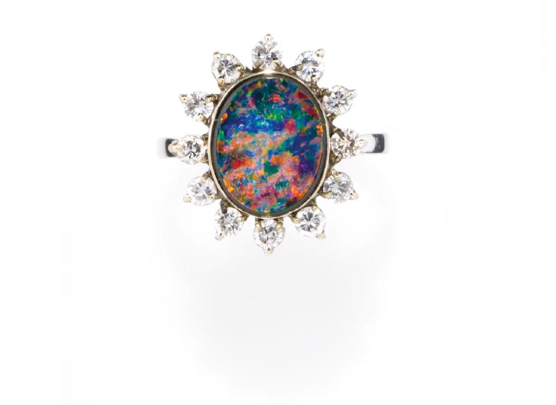 WHITE GOLD, DIAMONDS AND HARLEQUIN OPAL RING (1 of 1)